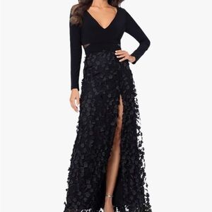 Xscape Elegant Luxury Black Long Sleeve Gown, Flower Detail
